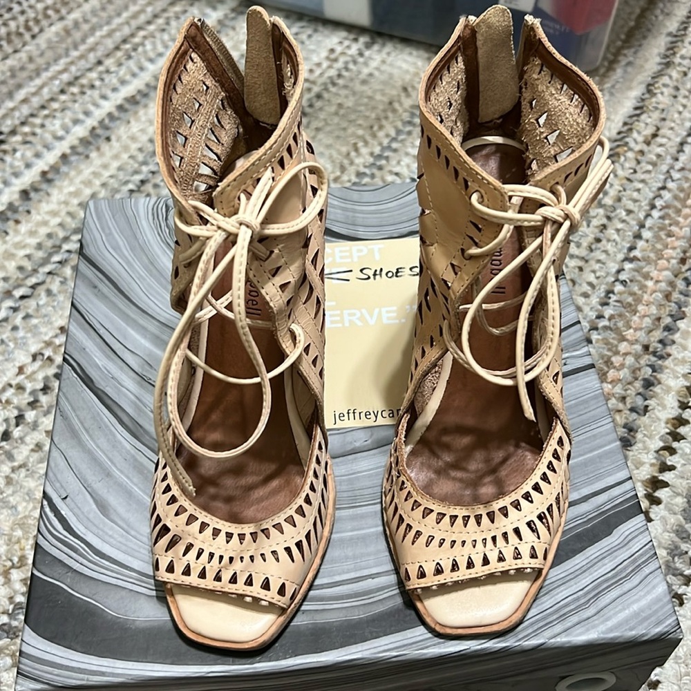 EUC Jeffrey Campbell | Rodillo Nude Laser Cut Lace Up wedge sandals heels